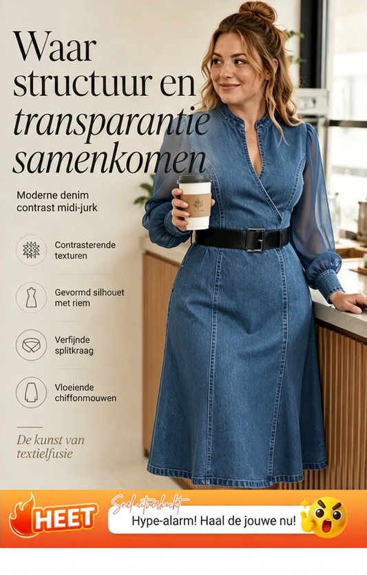 50% KORTING💙Denim Midi Jurk Chiffon Mouwen, Figuurvriendelijk & Ademend👗