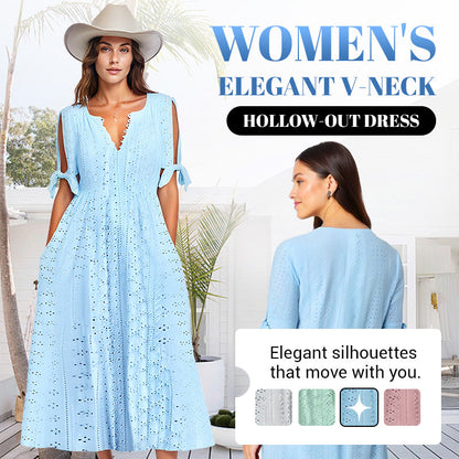 💃 Elegante effen jurk met V-hals & uitgesneden details – tijdloos en stijlvol