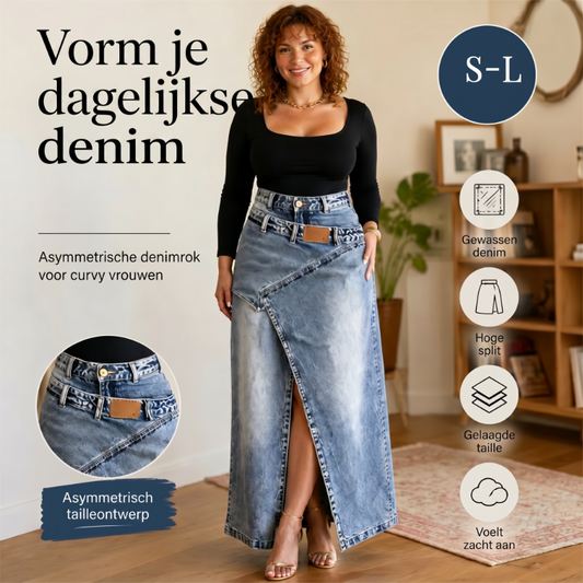 ⏳TIJDELIJKE AANBIEDING 👗 Denim Maxi Rok | Asymmetrisch met split & dubbele tailleband