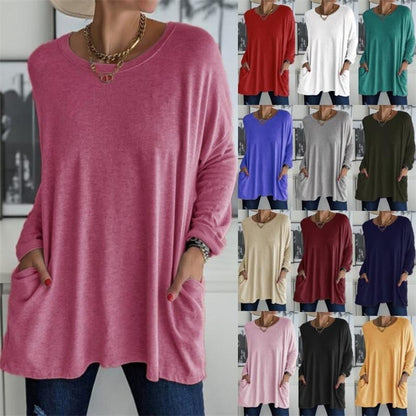 ✨ Nieuwe Collectie 🤍 Casual Dames T-Shirt met Lange Mouwen & Zakken – Comfortabele Pasvorm en Praktische Stijl