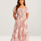 ⏰Zomeruitverkoop 50% KORTING 💃Gebloemde midi-jurk met gesmockte vierkante hals en zakken