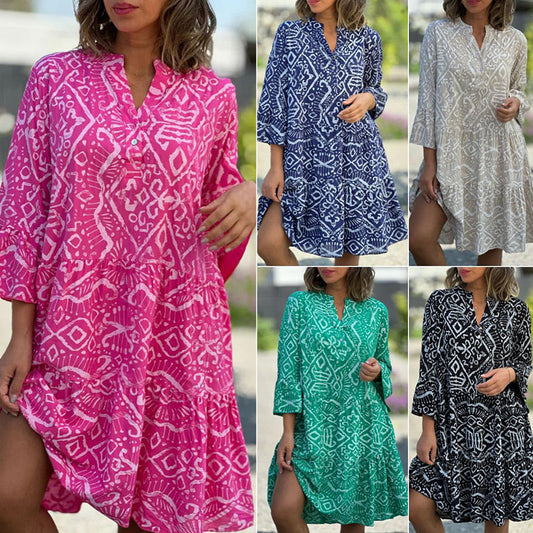 🔥50K+ VERKOCHT | 50% KORTING🌼Losvallende V-hals Jurk ademende kwalitatieve mengstof Print