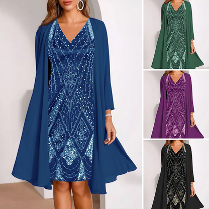 🔥50% KORTING + 50K+ VERKOCHT👗 Tweedelige dames set V-hals jurk transparante jas kwalitatieve mengstof figuurvriendelijk