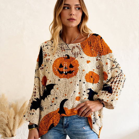 🎃 Halloween Favoriet ✨ Dames Gebreide Trui met Vleermuismouwen 🦇 Losse Pasvorm, Comfortabel & Unieke Halloweenstijl