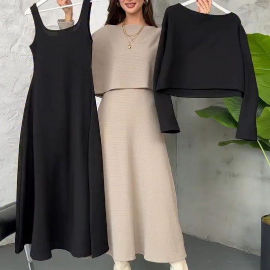 Tweedelige gebreide set voor dames: midi-jurk met tanktop en cropped top
