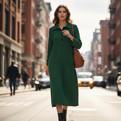 Women's Lapel-Collar Button-Up Knit Midi Dress