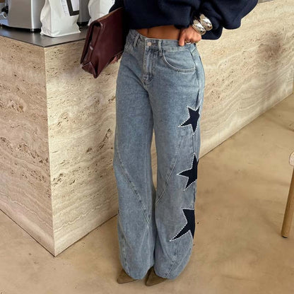 ✨ Glamour in de Straat: Wijde Denim Broek met Sterren & Rhinestones 🌟