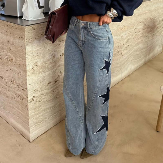 ✨ Glamour in de Straat: Wijde Denim Broek met Sterren & Rhinestones 🌟