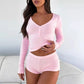 ⏳Tijdelijke aanbieding✨ Ribbed Lounge Set met Knopen – Zacht, Stretchy & Super Vrouwelijk