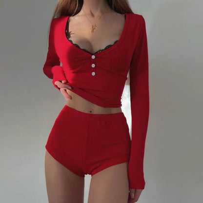 ⏳Tijdelijke aanbieding✨ Ribbed Lounge Set met Knopen – Zacht, Stretchy & Super Vrouwelijk