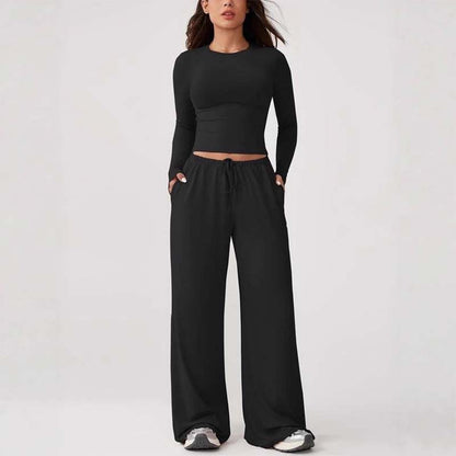 🔥50% KORTING ✨ Dames Crop Top & Wijde Broek Set 👗 Trendy Comfortabele 2-Delige Outfit met Relaxte Pasvorm