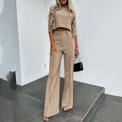 ⏰Nieuw binnen 55% KORTING🎁Dames Twee-delige Set: Luxe Crop Top met Hoge Hals & High-Waist Wijde Broek 💃