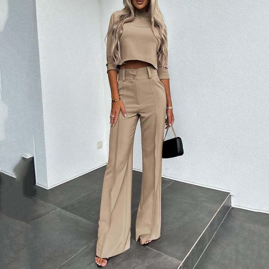 ⏰Nieuw binnen 55% KORTING🎁Dames Twee-delige Set: Luxe Crop Top met Hoge Hals & High-Waist Wijde Broek 💃