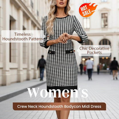 🏆 Hot Sale - 57% KORTING ✨Dames Midi-Jurk met Pied-de-Poule Print, ¾-Mouwen & Elegante Knopen 👗