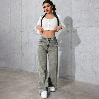 Women's Rhinestone Embellished Washed Jeans