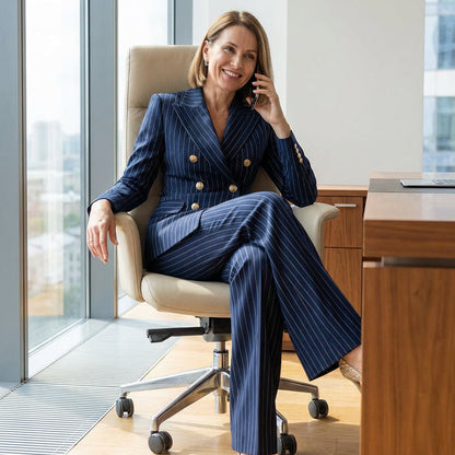 🎁 50% korting op de nieuwe collectie 2026 💥 Damespak met strepen en dubbele knoopsluiting, van hoogwaardige kwaliteit