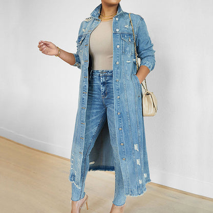 🔥 50% Korting ✨ Lange Spijkerjas voor Dames met Scheuren 👖 Trendy Distressed Look, Comfortabele Pasvorm & Stoere Uitstraling