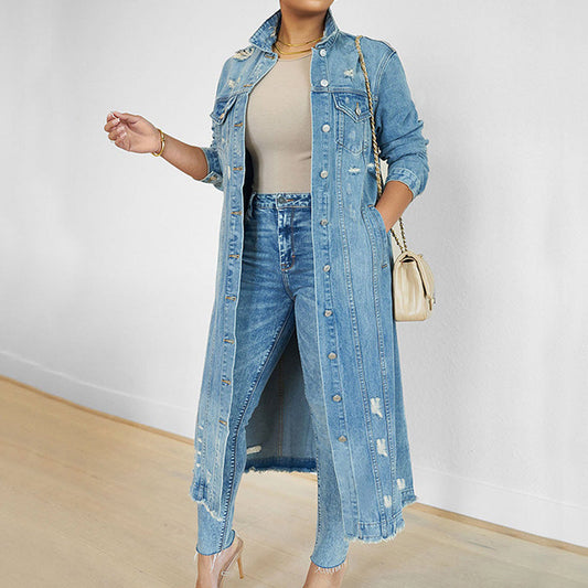 🔥 50% Korting ✨ Lange Spijkerjas voor Dames met Scheuren 👖 Trendy Distressed Look, Comfortabele Pasvorm & Stoere Uitstraling