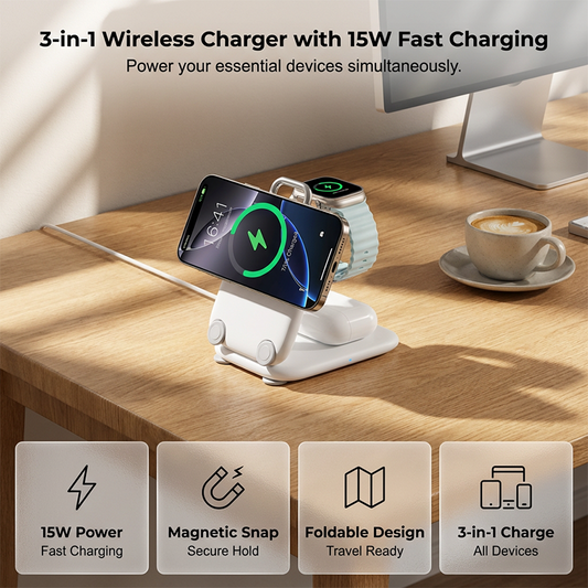 50% korting! 🛒 Drie-in-één opvouwbaar draadloos oplaadstation 📱 Snel opladen via magnetische verbinding, geschikt voor smartphones, smartwatches en oortjes