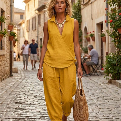 ✨Semi-formele Set | Wrap Top & Wijde Broek – Plooivaste Stof👖