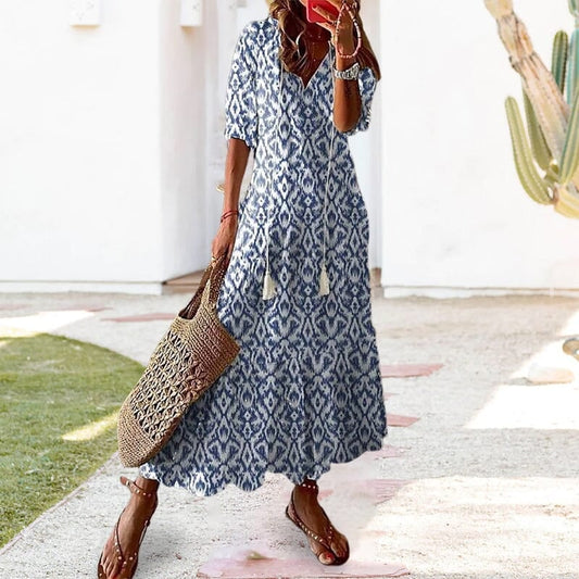 🔥50K+ VERKOCHT | 50% KORTING🌼Boho Maxi Jurk V-hals ADEMENDE KWALITATIEVE MENGSTOF