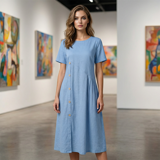 ⏰🔥Tijdelijke aanbieding 👗Dames Asymmetrische Knop Jurk | 💃 Ademende Zachte Stof A-Lijn Midi | 📏 Maten S-3XL
