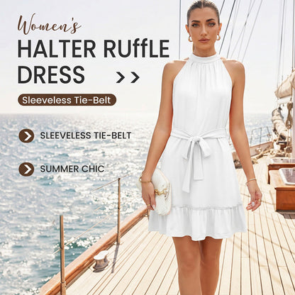 ⏳TIJDELIJKE KORTING👗Dames Halterhals Jurk | Verstelbare Taille & Gerafelde Zoom Maten S-5XL