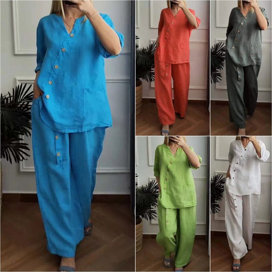 🥳50% KORTING NU💞 Dames V-hals knoop katoen-linnen set, los ademend slank makend veelzijdig tweedelig pakket👗