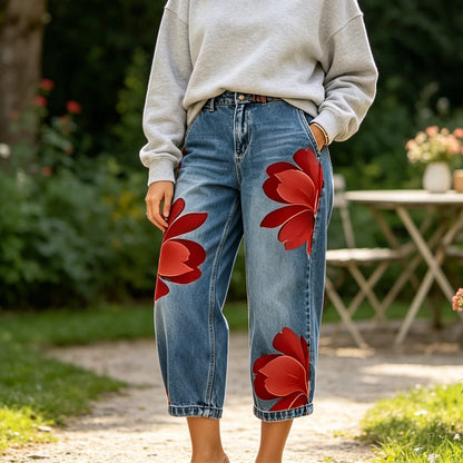 🌸 Nieuwe Collectie ✨ Dames Wide-Leg Jeans met Bloemenprint – Unieke Artistieke Look & Comfortabele Pasvorm 👖