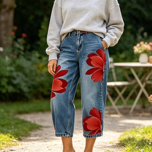 🌸 Nieuwe Collectie ✨ Dames Wide-Leg Jeans met Bloemenprint – Unieke Artistieke Look & Comfortabele Pasvorm 👖