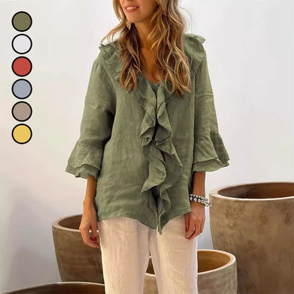🎉GROTE KORTING！🎉 Damesblouse met ruche kraag & klokkenmouwen, luchtig en comfortabel