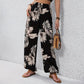 Women's Leaf Print Drawstring Wide-Leg Pants