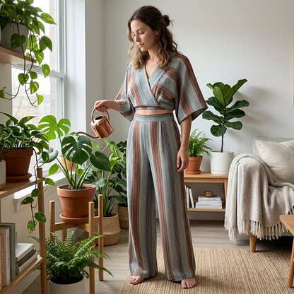 💥 LIMITED TIJD GRATIS VERZENDING ⏳ Dames gestreepte tweedelige set 👖 Kwalitatieve mengstof, ademend & figuurvriendelijk – perfecte dagelijkse outfit ✨