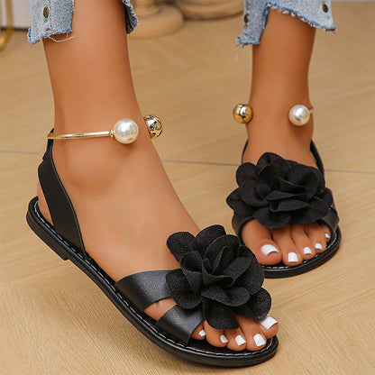 ⏰ TIJDELIJKE KORTING💃 Bloemdetail sandalen, plat model met metalen enkelband🌸