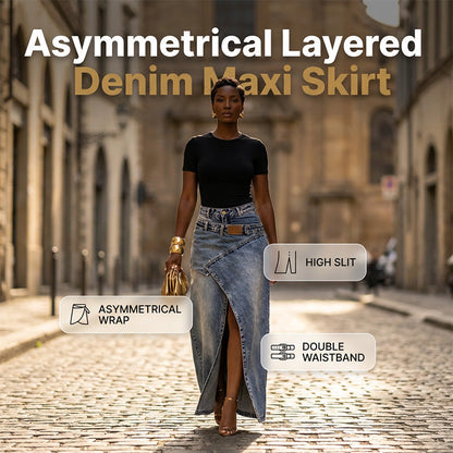 ⏳TIJDELIJKE AANBIEDING 👗 Denim Maxi Rok | Asymmetrisch met split & dubbele tailleband
