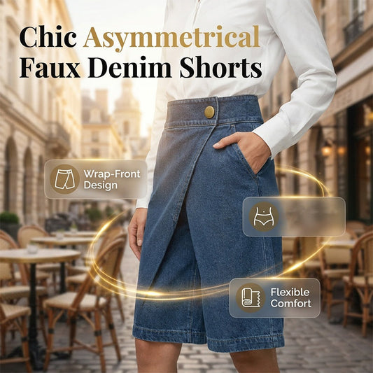 🔥50% KORTING + 50K+ VERKOCHT👖Asymmetrische Shorts Met Wijde Pijpen – Chique Imitatie Denim & Vintage Elegantie