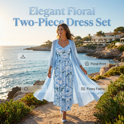 🔥LIMITED AANBIEDING✨ Elegante Bloemenprint Jurkset 2-delig, Zacht & Ademend, Plus Size Beschikbaar🌷