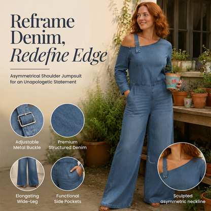 🔥50K+ VERKOCHT | HALVE PRIJS💙 Asymmetrische Denim Jumpsuit 🧵Zacht rekbaar, wijde pijpen