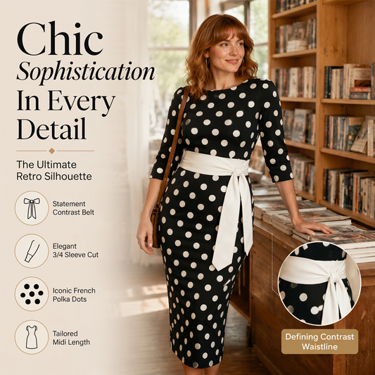 🔥 Tijdelijke aanbieding Retro polka-dot jurk met tailleaccent💃 contrasterende ceintuur + zandloper figuurvormend design✨
