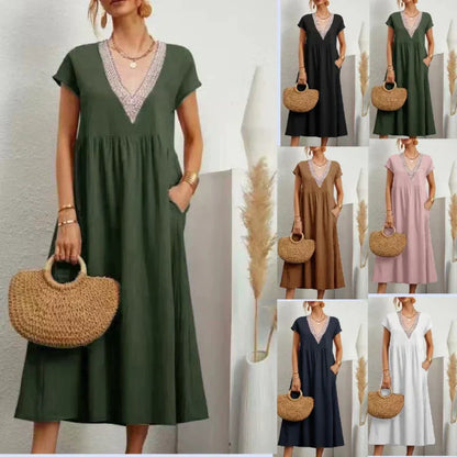 🔥50K+ VERKOCHT⏰ 50% KORTING👗 V-hals zomerjurk, losse pasvorm zonder buikdruk