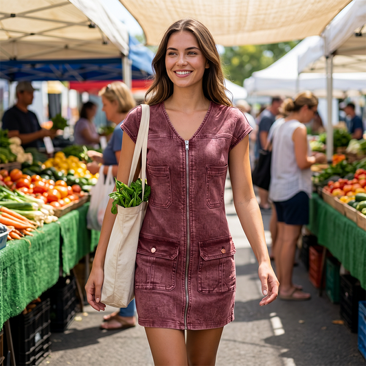 🏆TOP VERKOOP🥰 Ritssluiting V-hals korte mouw jurk met zakken👗zacht en luchtig🌿