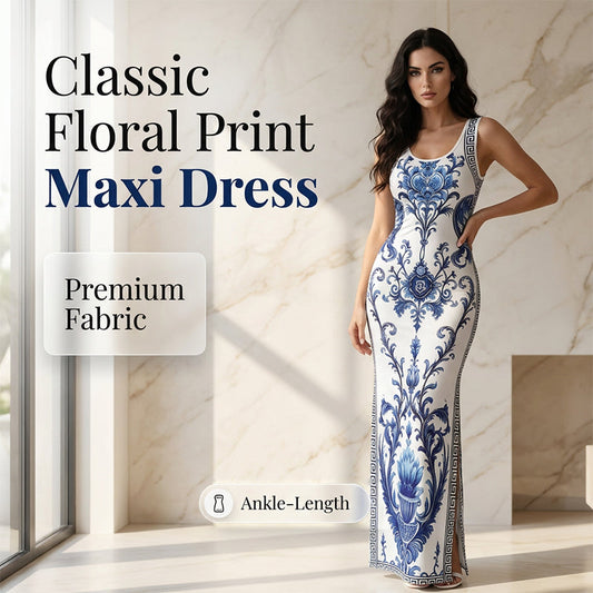 🏆TOP VERKOOP DAMESMODE🥰  Maxi jurk porseleinprint kwalitatieve mengstof hoge zijsplit maten S-5XL🌸