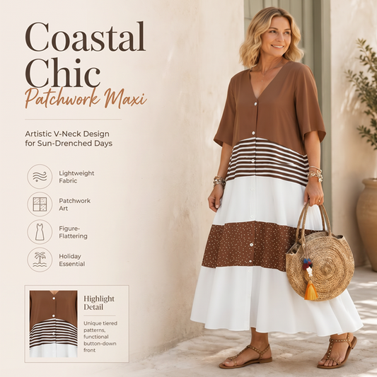 🔥 50% KORTING! 👗 Patchwork Maxi Jurk –Slank silhouet & elegante zomerlook 🌿