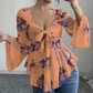 Damesblouse met bloemenprint, vierkante halslijn en geknoopte voorkant