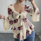 Damesblouse met bloemenprint, vierkante halslijn en geknoopte voorkant
