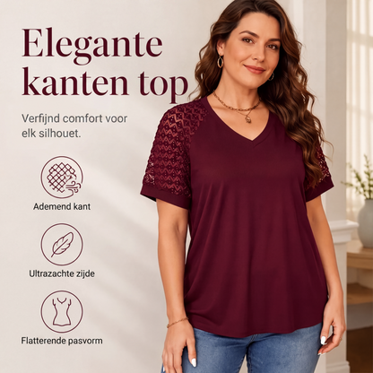 🔥 50% KORTING 👚 Dames Grote Maten V-hals Kanten Top – Comfortabele pasvorm & flatterende elegante look ✨