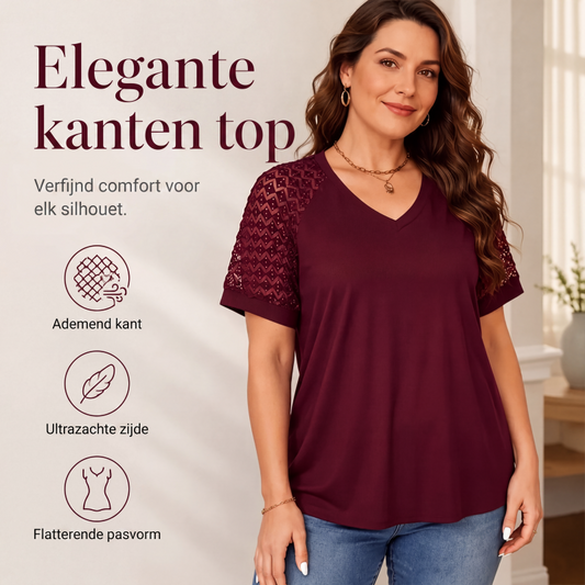🔥 50% KORTING 👚 Dames Grote Maten V-hals Kanten Top – Comfortabele pasvorm & flatterende elegante look ✨