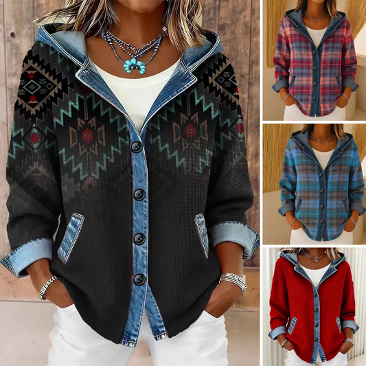 🔥 Vandaag Extra Voordelig 🧥 Seizoensjas met knopen en capuchon, patchwork‑detail, ruim silhouet ✨ Comfortabel voor dagelijks gebruik