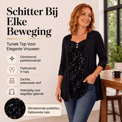 💎 Exclusieve Deal 💃 Dames Patchworktop met Lovertjes, Imitatie‑tweedelige Top ✨ Schitterend detail, trendy ontwerp en zonder moeite een chique look