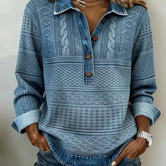 ⏰ Tijdelijke Aanbieding 💃 Dames Spijker Patchwork Revers Blouse met Lange Mouwen ✨ Uniek denimpatroon, elegante kraag & veelzijdige dagelijkse stijl
